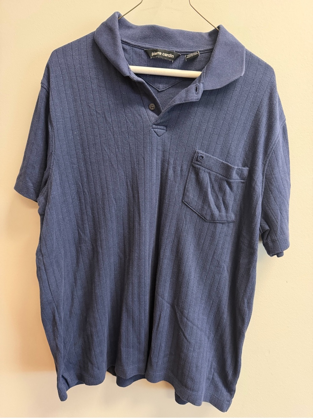 Vintage 90's Pierre Cardin Men's Navy Blue Textured Polo with Chest Pocket